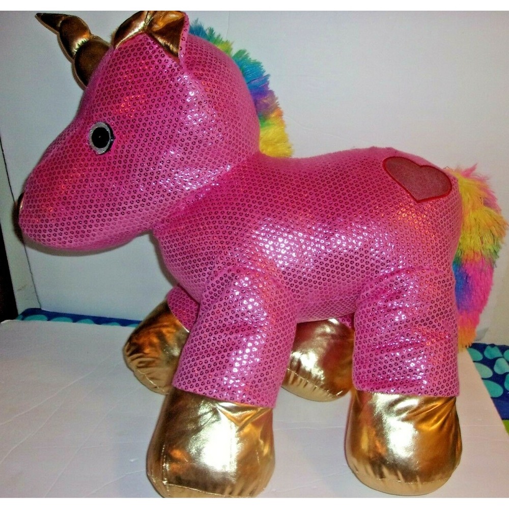 Dan Dee Pink Sequin Unicorn Plush Rainbow Mane Gold Hooves Large 24in Heart